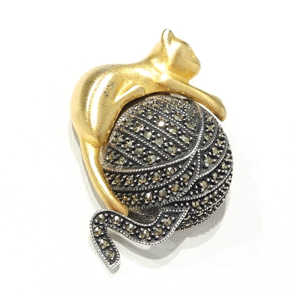 Vintage Judith Jack Golden Cat Marcasite Stones Brooch Sterling Silver 925 - Picture 4 of 15